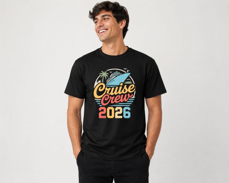 Black t-shirt with retro 'Cruise Crew 2026' design in vintage sunset colors