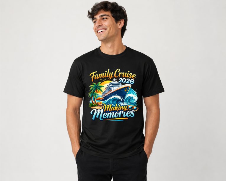Black t-shirt with 'Family Cruise 2026 Making Memories' design featuring a cruise ship and waves