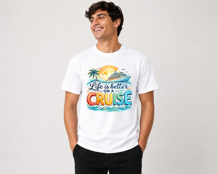 White t-shirt with colorful 'Life is Better on a Cruise' design featuring a cruise ship, palm tree, and sunset