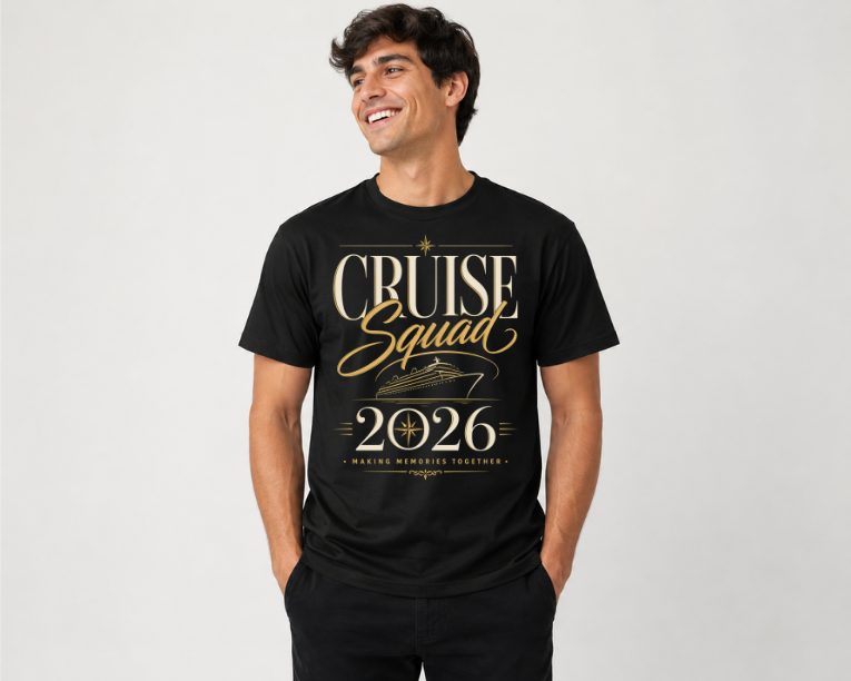 Black t-shirt with elegant gold and cream 'Cruise Squad 2026' design