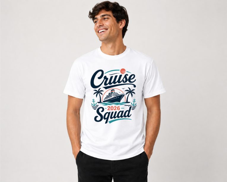 White t-shirt with navy and coral nautical 'Cruise Squad 2026' design with anchors and palm trees