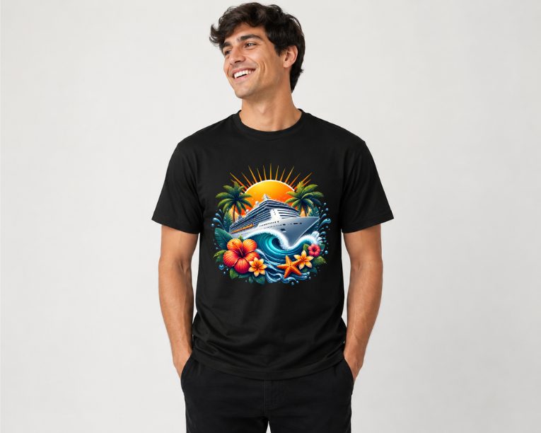 Black t-shirt with vibrant tropical cruise ship design featuring hibiscus flowers and a sunset
